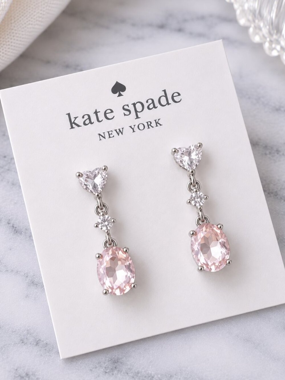 Kate Spade Pink Crystal Heart Drop 18k white gold Earrings